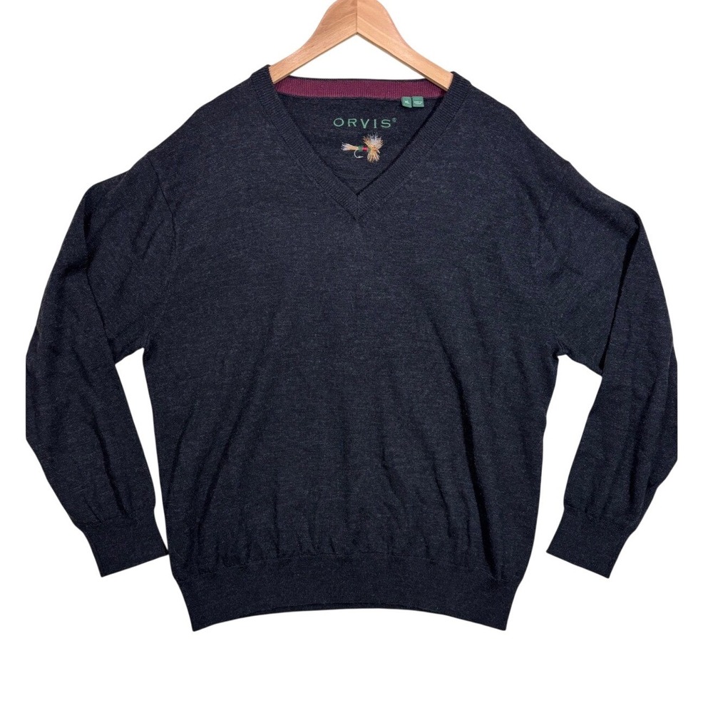 Orvis Mens Charcoal Gray 100% Merino Wool V-Neck Sweater Fly‎ Fishing Logo XL